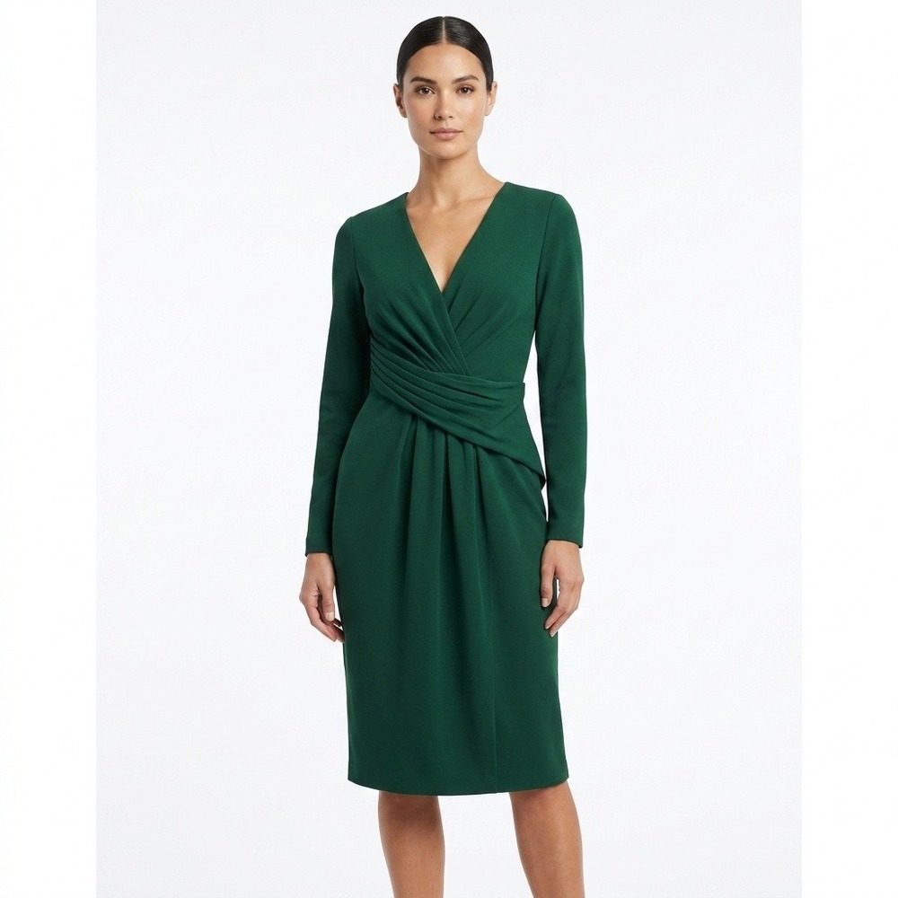 Badgley Mischka NWT Pine Green Draped Long Sleeve Cocktail Dress 6 $475 BSD4917